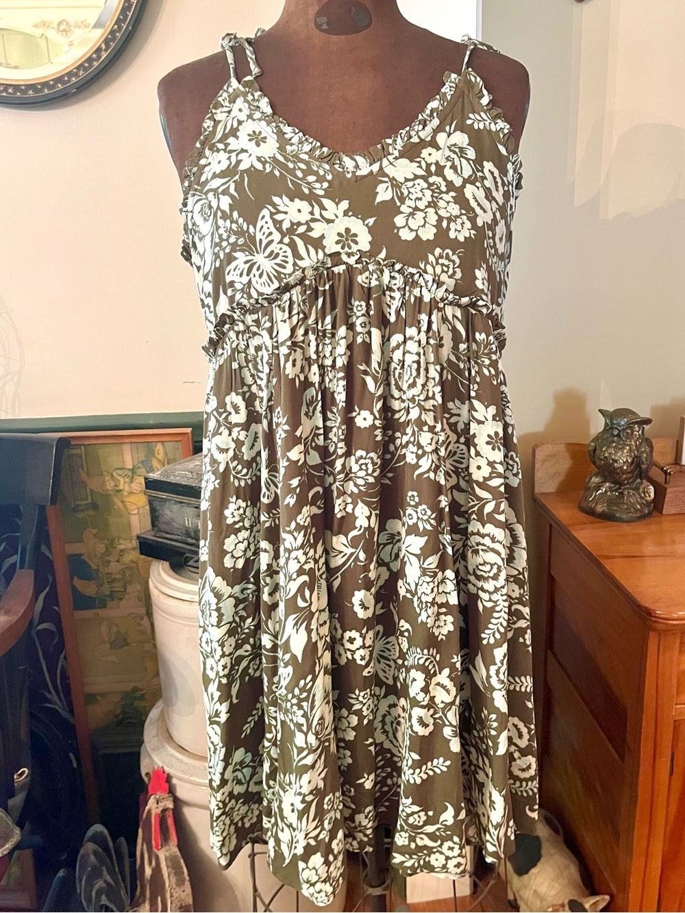 Olive Green Floral Midi Sundress Women’s Small